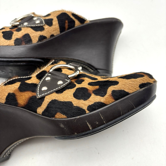 Cole Haan D18331 Leopard Print Cow Hair D-ring Brown Leather Wedge Clogs 6B - Picture 15 of 16